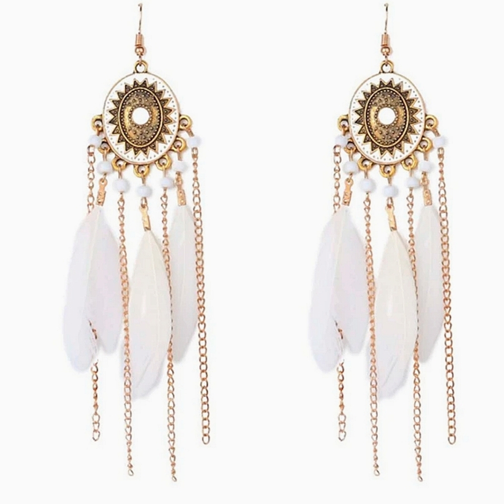 Boho Feather Tassel Drop Earrings - Picture 3 of 4